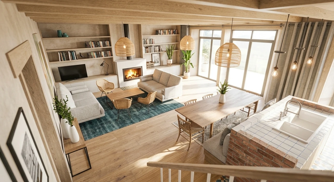 Intérieur lumineux avec salon, cheminée et cuisine ouverte